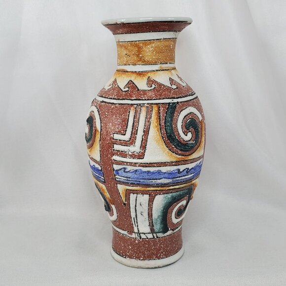 VTG Sandstone Textured Vase 6" Hand Painted Southwest Design Cream, Tan & blue - Picture 2 of 10